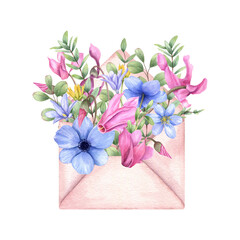 Spring flower bouquet in pink open envelope watercolor illustration. Blue anemone, pink cyclamen, yellow flowers, eucalyptus branch composition for Valentine day cards, invitation design, stationery