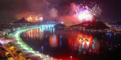 Fototapeta premium A vibrant night scene of fireworks illuminating a coastal city, reflecting on water with festive crowds.