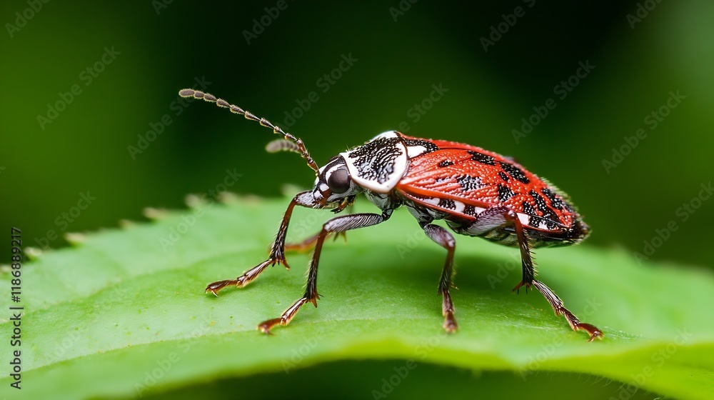 Poster macro shot of brightly colored insect on leaf : generative ai