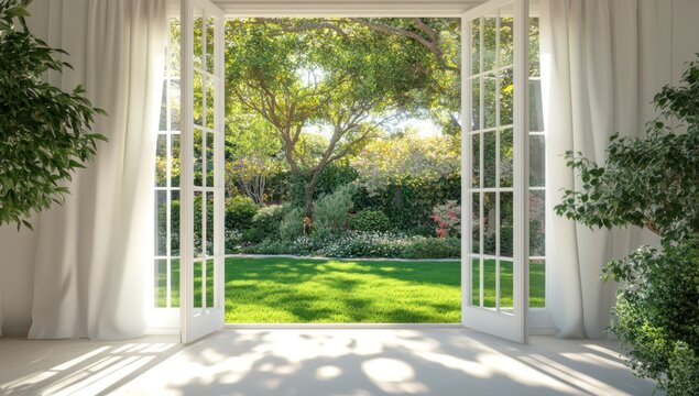 Fototapeta Serene Garden View Through French Doors: A Sunlit, Tranquil Scene