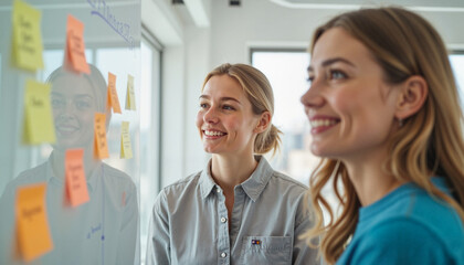 Encouraged intern learning cheerful teammates Two women brainstorming with sticky notes on office board