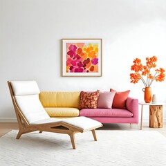 minimalist living room bathed in natural light from a large window. Frame mockup, Living room wall poster mockup. Interior mockup with house background. Modern interior design. 