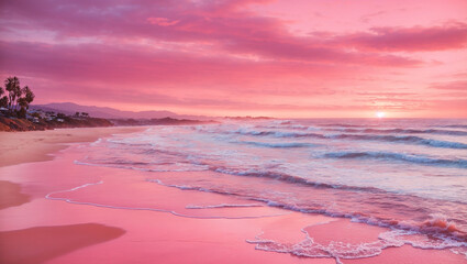 A pink beach scene is shown, with gentle waves and a vibrant pink sky. This landscape illustration is part of a set of images to submit to the Adobe Stock platform.