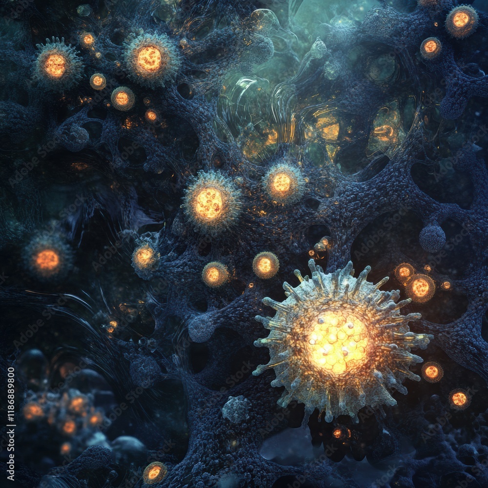Poster cancer cells showcased with luminous edges in a microscopic view, highlighting their complex structu