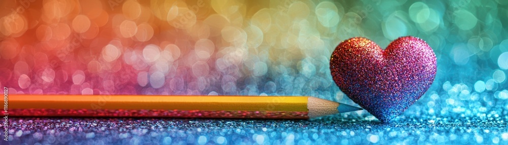 Poster colorful sparkling heart shape with pencil on glittering background creating a vibrant artistic atmo