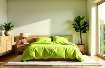 Light Lime Color Bedroom with Wooden Furniture. A cozy bedroom featuring lime green bedding, wooden furniture, large windows, indoor plants, and modern minimalist interior design.