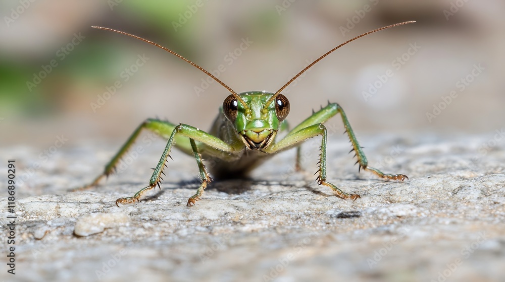 Poster closeup macro view of a green grasshopper on natural rock surface outdoors : generative ai