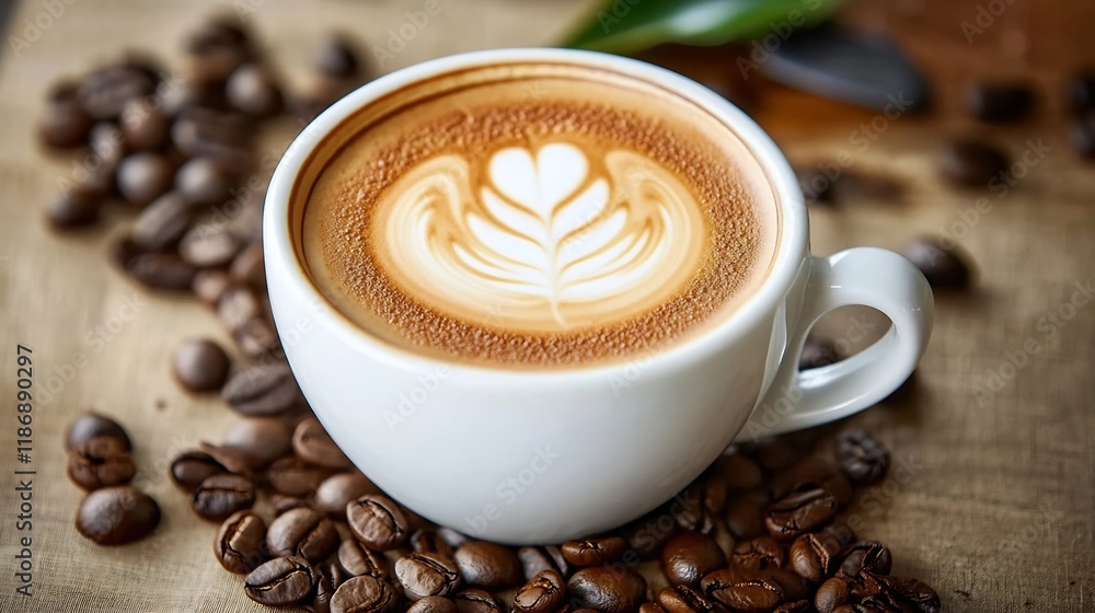 Aufkleber artistic coffee latte with beautiful heart shaped foam art surrounded by beans : generative ai