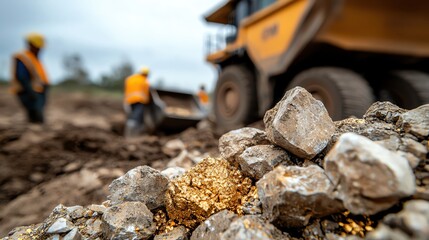 Gold mining operation with machinery and workers.