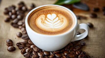Fototapeta premium Artistic Coffee Latte with Beautiful Heart Shaped Foam Art Surrounded by Beans : Generative AI