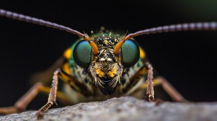 Fototapeta premium Extreme Close Up of a Colorful Insect with Vibrant Green Eyes on Natural Background for Macro Photography : Generative AI