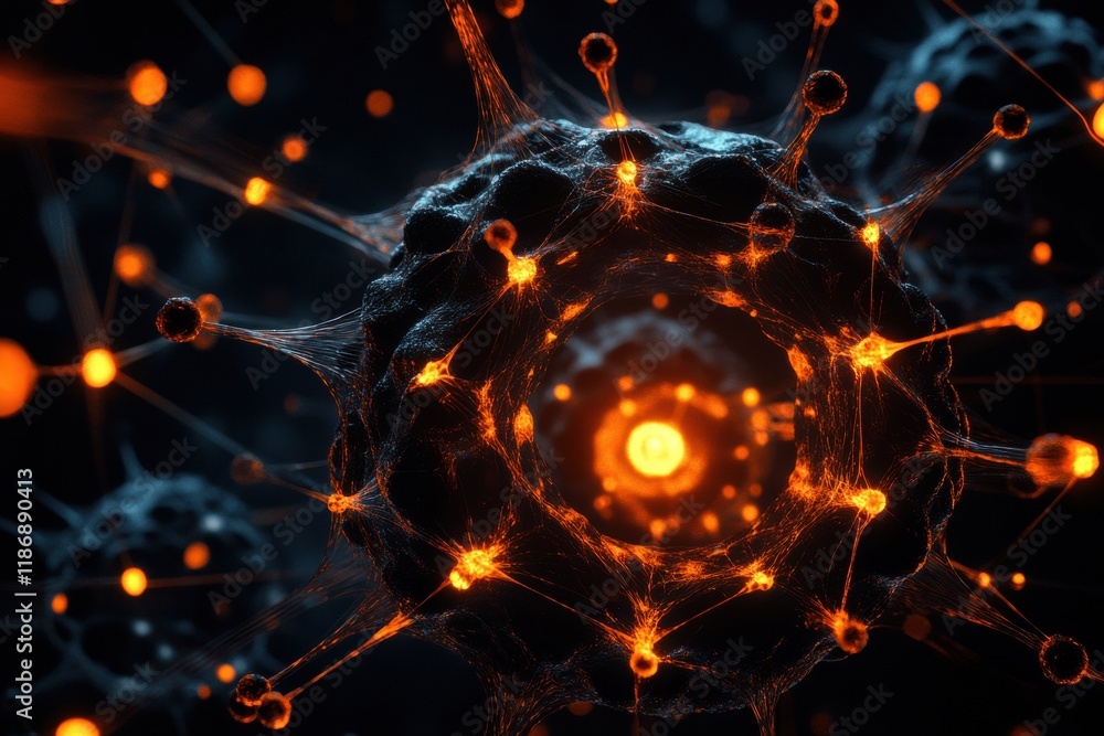Poster Detailed 3D visualization showcases unique structure of a virus with capsid spikes and RNA strands glowing against a dark background. Generative AI