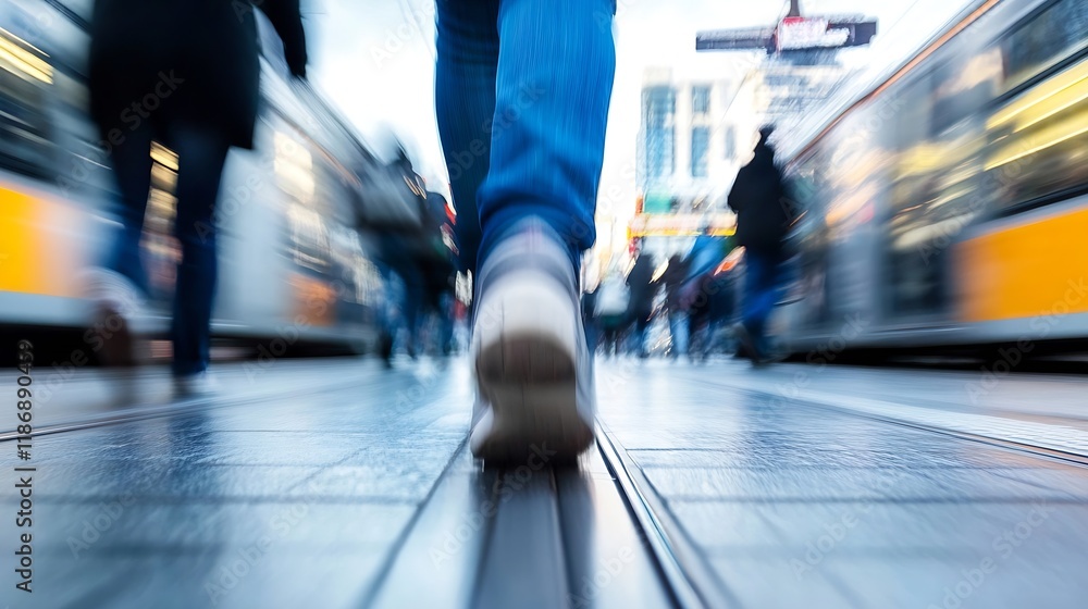 Poster dynamic urban scene with blurred motion of people and tram in city : generative ai