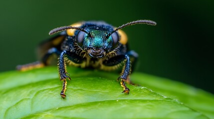 Fototapeta premium Vibrant Macro Photography of a Colorful Metallic Beetle on Leaf Enhancing Insect World Exploration : Generative AI