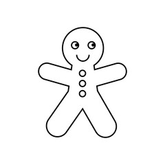 Black and white outline drawing of a gingerbread man cookie with a smiling face and buttons, symbolizing Christmas, holidays, and festive baking. Vector illustration.