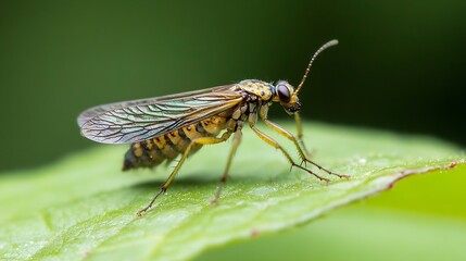 Fototapeta premium Macro Shot of Insect on Leaf with Intricate Wing Patterns and Vibrant Colors : Generative AI