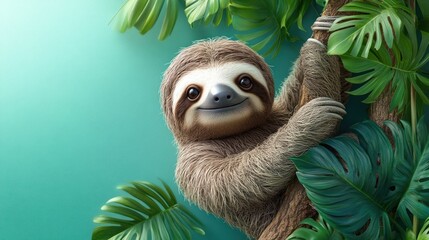 Fototapeta premium 3D cartoon sloth hanging lazily from a tree branch with a playful smile, surrounded by lush green leaves