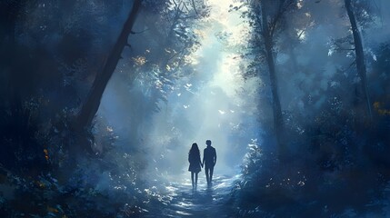 Couple walks moonlit forest path, doves fly, magical background, romance