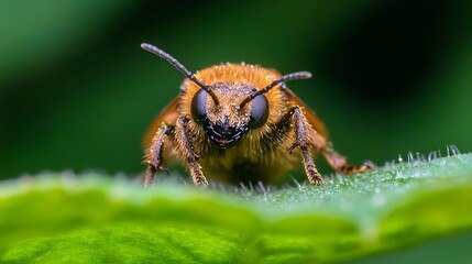 Macro CloseUp of Bumblebee on Leaf with Detailed Focus and Green Background : Generative AI