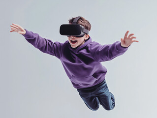 Virtual Reality Flight: A young boy wearing a VR headset, eyes wide with excitement, leaps into the air with outstretched arms, his virtual reality experience taking him on a thrilling journey.