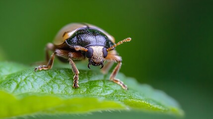 Closeup of a vibrant green ladybug perched on a leaf showcasing intricate patterns and texture in a natural setting : Generative AI