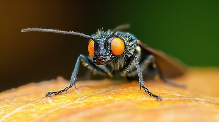 Naklejka premium Closeup of a Small Black Insect with Vibrant Orange Eyes Perched on a Golden Leaf in Natural Environment : Generative AI