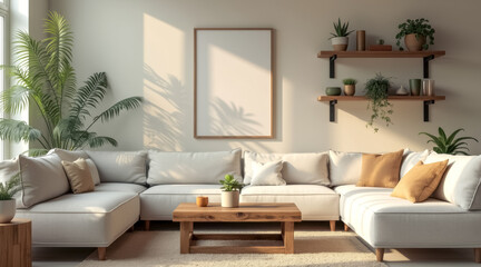 serene living room with a beige sectional sofa potted plants