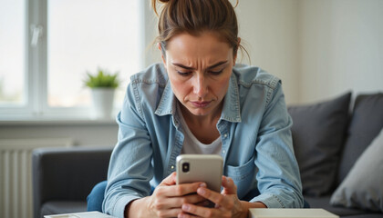 Anxious woman waiting for call Woman focused on smartphone at home on a casual day