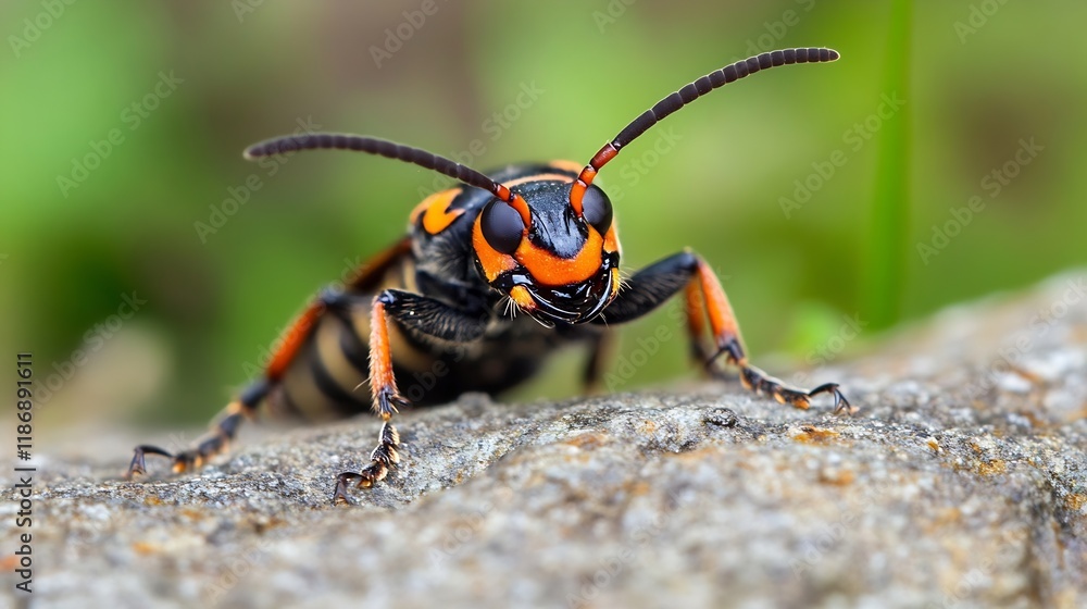 Poster Colorful striped beetle with intricate patterns resting on rocky surface in nature : Generative AI