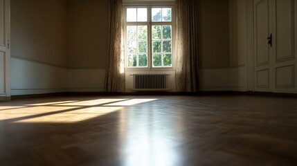 Fototapeta premium Sunlight Streaming Through Windows into an Empty Room with Wooden Flooring : Generative AI