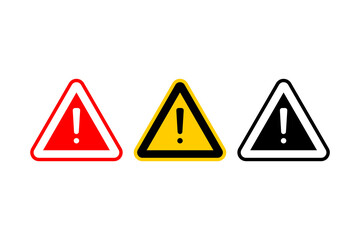 Caution alarm set, danger sign collection, attention vector icon, yellow, red and black fatal error message element. Exclamation mark symbol on triangle shape. Vector illustration