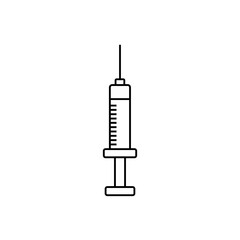 A black syringe icon with a needle, representing medical injections, vaccinations, and healthcare, displayed on a white background in a minimal style. Vector illustration