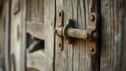 A close-up shot of a rustic, iron latch securing a weathered wooden door, showcasing the details of its worn surface and the intricate design of the latch.