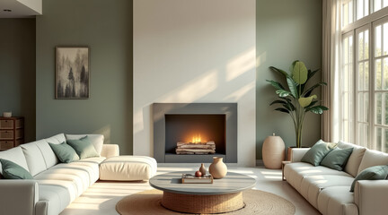 serene living room with fireplace natural elements