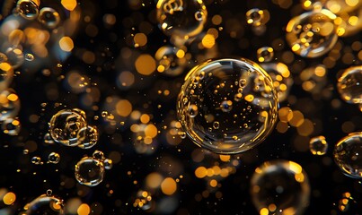 Warm golden bubbles float gracefully against a deep black, exuding luxury