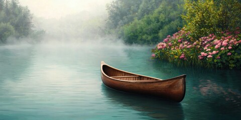 Serene Canoe on Tranquil Lake Surrounded by Lush Green Nature