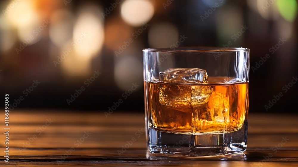 Poster glass of whiskey with ice on rustic wooden bar counter : generative ai