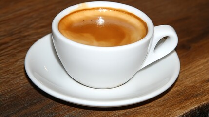 Closeup of Delicious Espresso in White Cup on Wooden Table : Generative AI