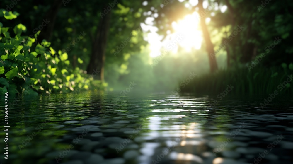 Poster serene forest stream at sunrise with lush greenery and sunlight reflection on water : generative ai