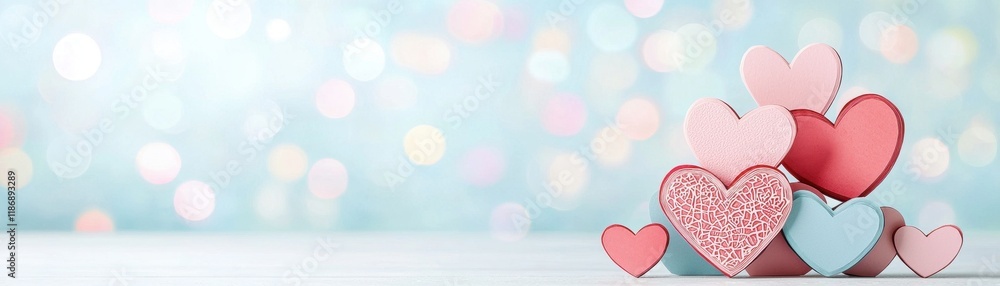 Aufkleber colorful heart shapes stacked on a wooden surface with a soft blue background and bokeh effect for r