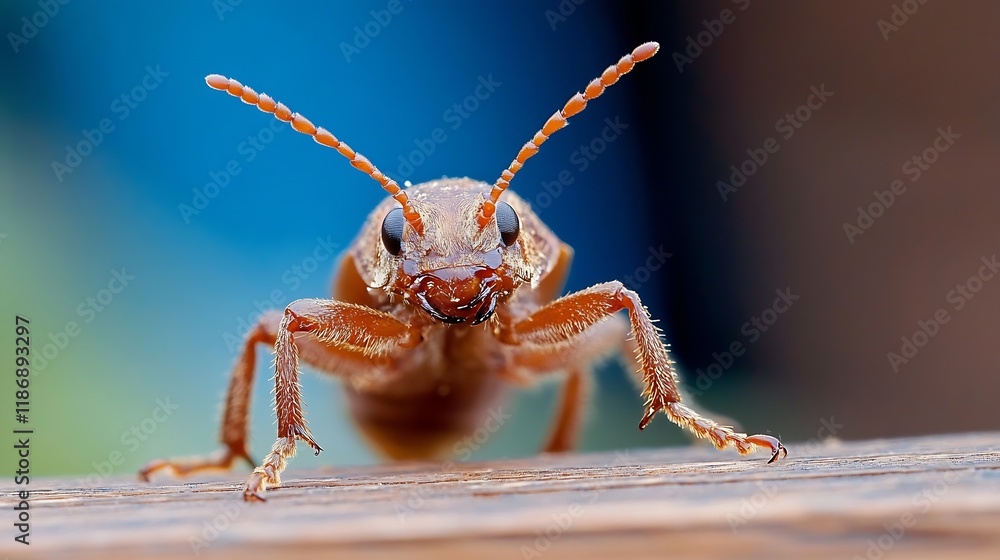 Poster closeup of a beetle on wood with detailed view of antennae and texture against a blue background : g