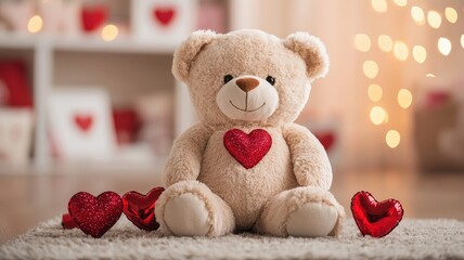 Valentine bear with romance and joy idea. Soft teddy bear with heart, surrounded by decorative hearts.