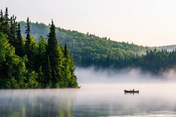 Serene Canoe on Calm Lake Surrounded by Lush Green Forest