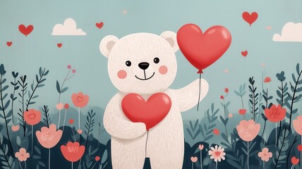 Obraz premium Valentine bear with romance and joy idea. Cute bear holding hearts in a floral landscape.