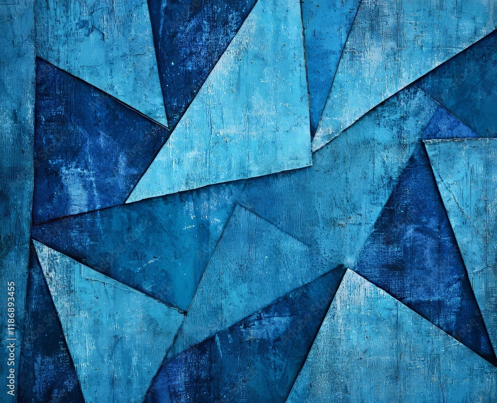 Poster a modern art design featuring a blue abstract background with layered triangles and rectangles