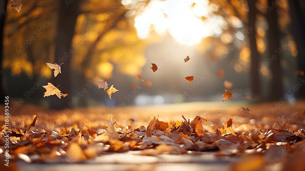 Poster enchanting autumn leaves gently falling in a serene sunlit forest pathway : generative ai