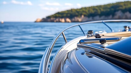 Luxury yacht front deck facing serene blue sea with distant forested coastline : Generative AI