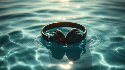 Big black headphones floating on water surface in bright sunlight