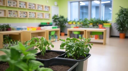 Modern Classroom Interior with Abundant Green Plants and Natural Light : Generative AI