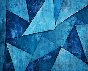 A modern art design featuring a blue abstract background with layered triangles and rectangles